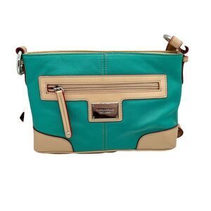 Tignanello Womens Teal Tan Pebbled Leather Detachable Strap Crossbody Bag